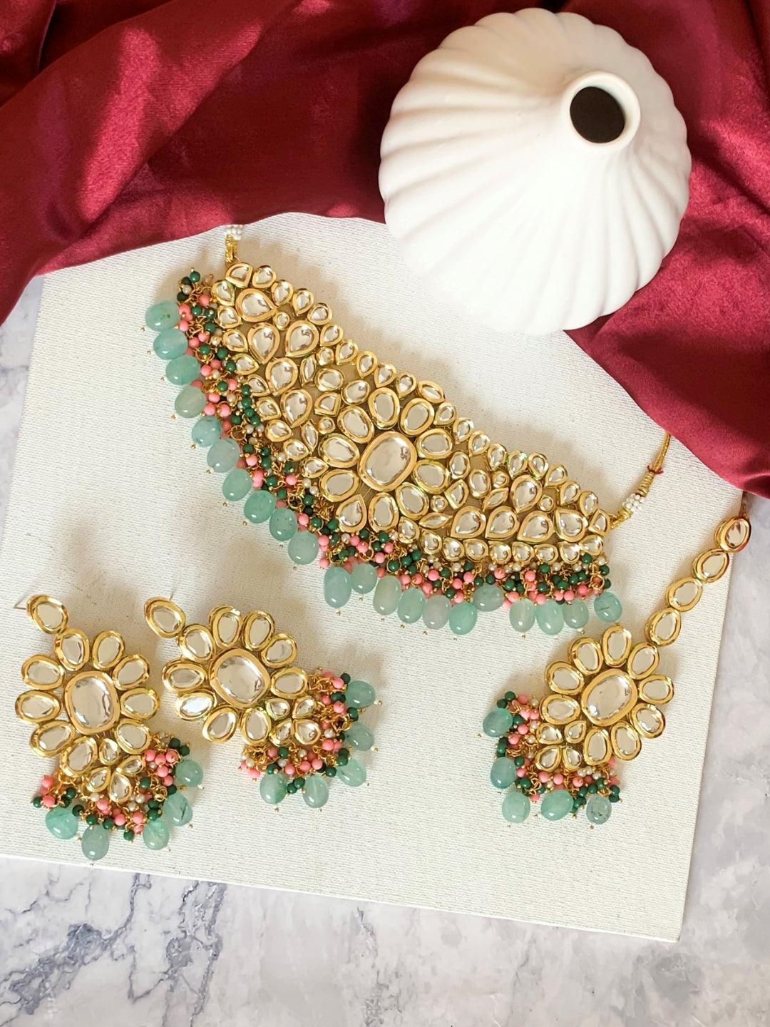 Ishhaara Blue Big Kundan Choker Necklace Set