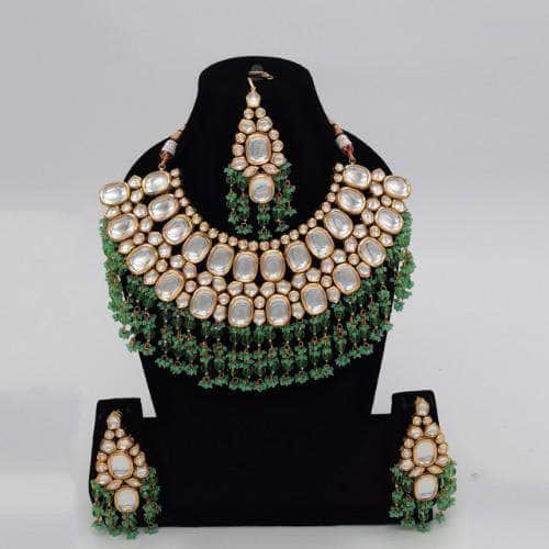 Ishhaara Blue Big Kundan Semi Circular Necklace Earring And Teeka Set