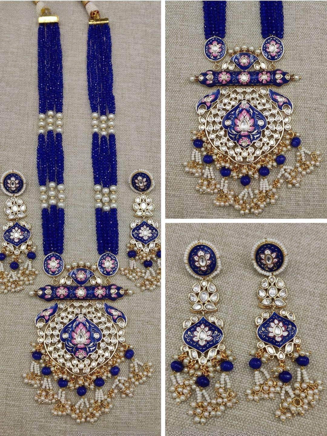 Ishhaara Blue Brass Kundan Long Necklace Set