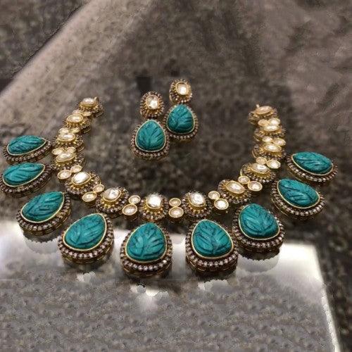 Ishhaara Blue Carved Stone Polki Drop Necklace Set