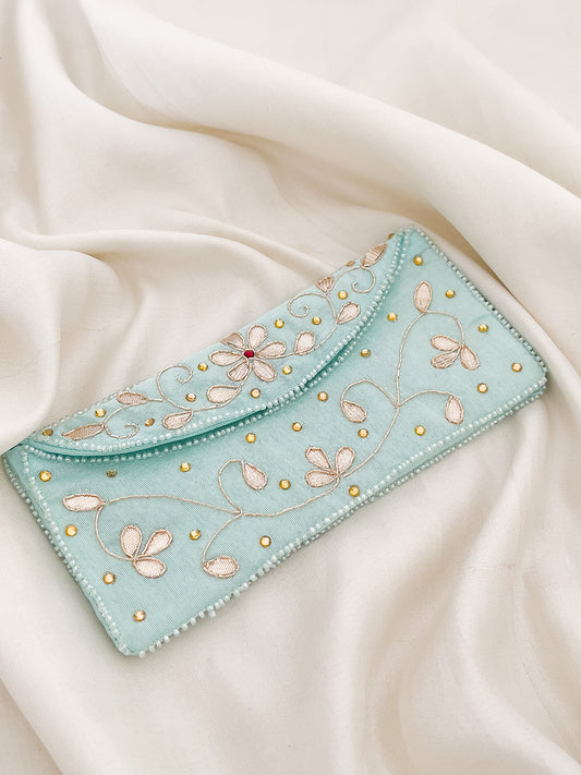 Ishhaara Blue Colored Floral Embroided Envelope Clutches