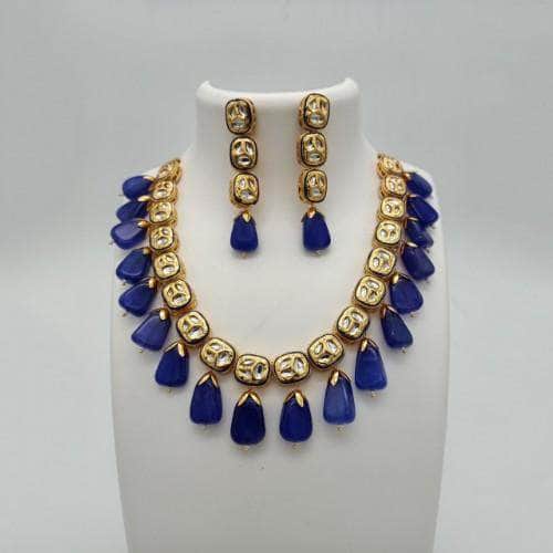 Ishhaara Blue Cut Work Oval Kundan Necklace And Earring Set