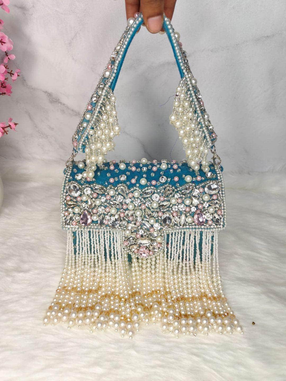 Ishhaara Designer Crystal And Pearl Work Flap Clutch