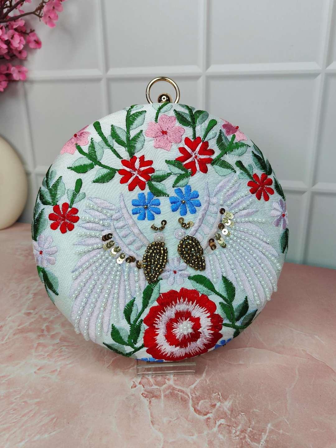 Ishhaara Brown Designer Embroidered Round Clutch