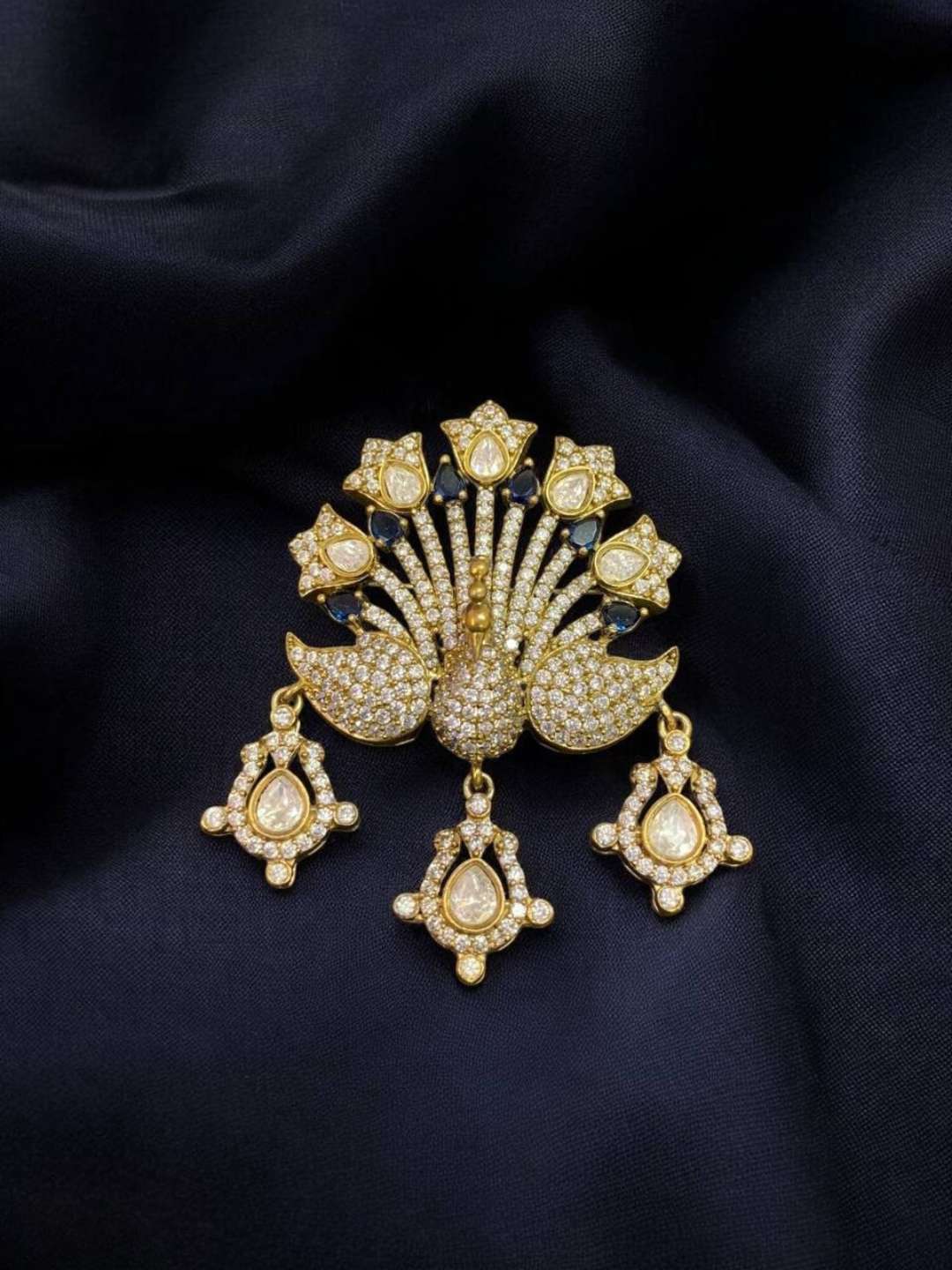 Ishhaara Blue Designer Gold Plated Cz Peacock Brooch