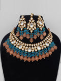 Ishhaara Drop Kundan Coral Necklace Earring And Teeka Set