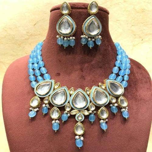 Ishhaara Blue Drop Meena Kundan Beads Necklace