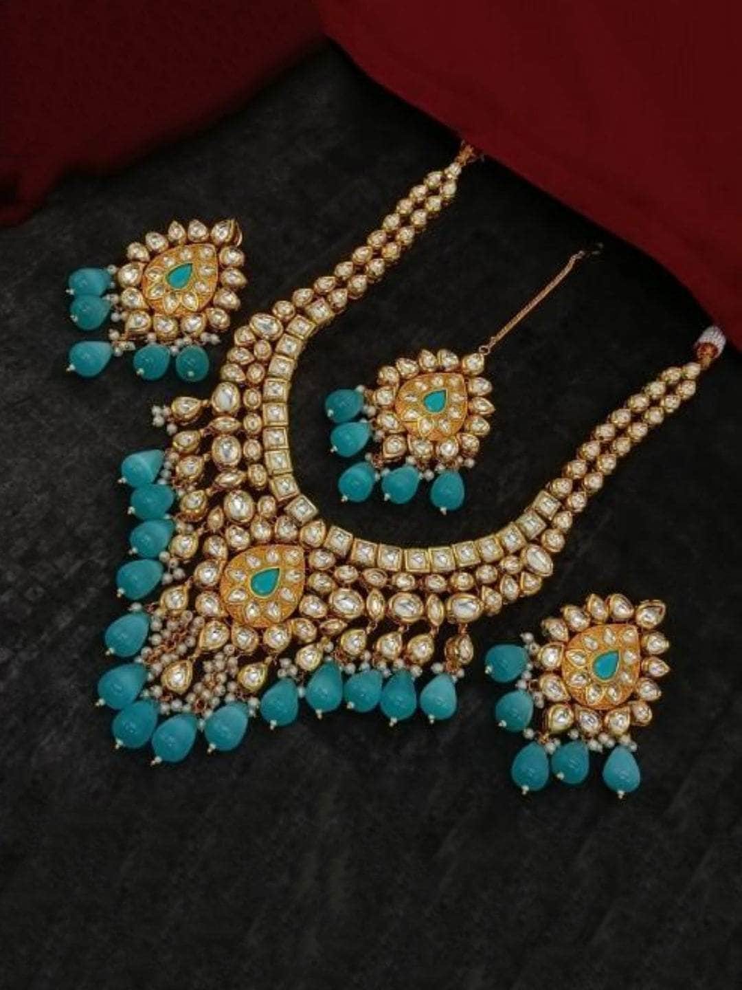 Ishhaara Blue Drop Meena Kundan Necklace Earring And Teeka Set