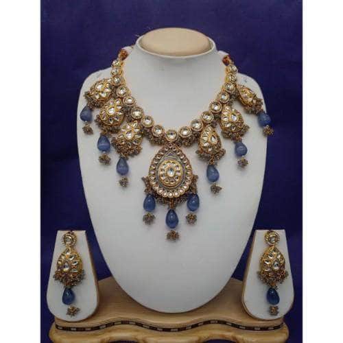 Ishhaara Blue Drop Meena Pendant Kundan Necklace And Earring Set