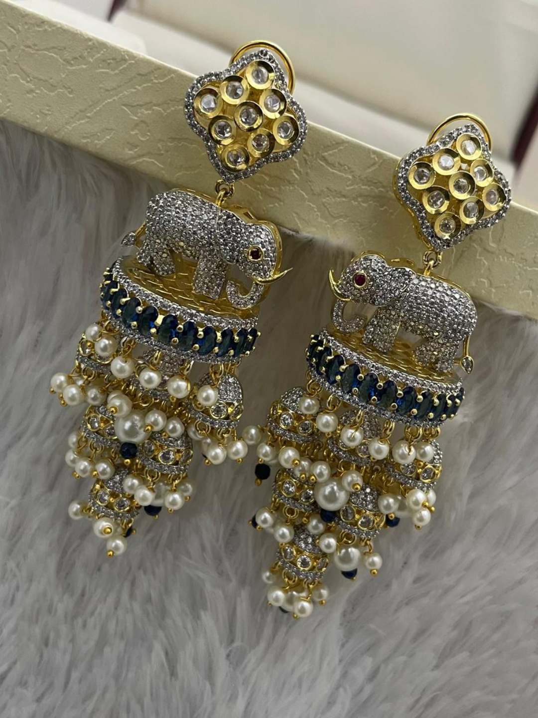 Ishhaara Blue Elephant Motif Kundan Earrings