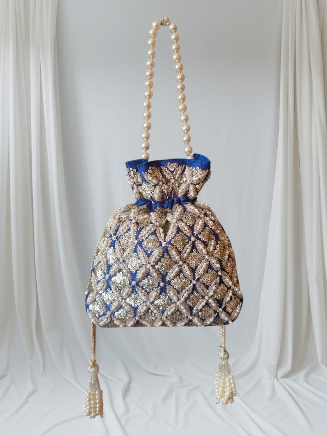 Ishhaara Blue Embroidery Handwork Potli With Pearl Handle