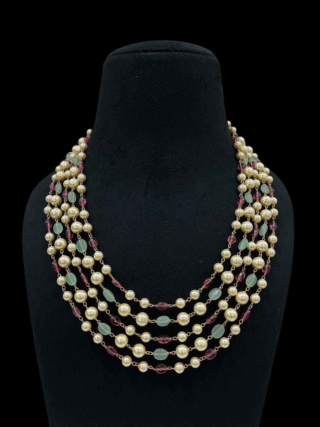 Ishhaara Blue Five Layered Pearl And Semiprecious Stone Studded Necklace