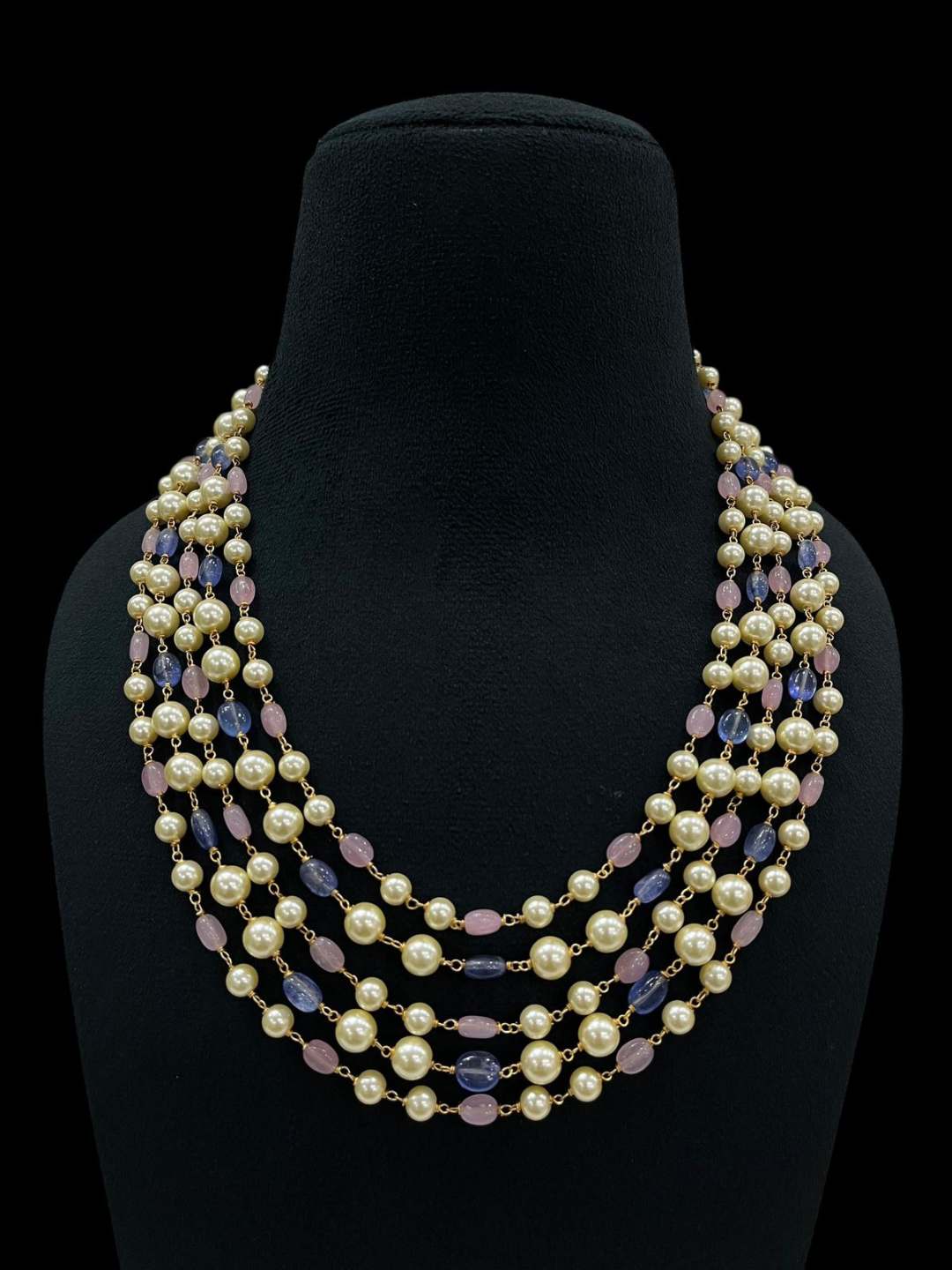 Ishhaara Blue Five Layered Pearl And Semiprecious Stone Studded Necklace