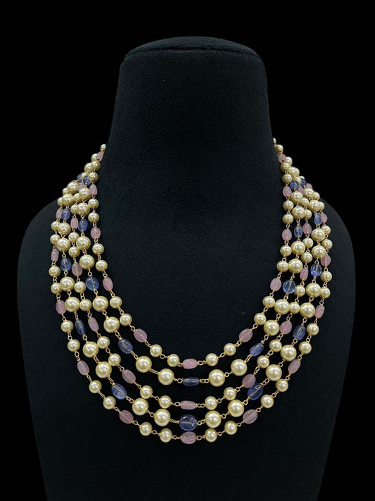 Ishhaara Blue Five Layered Pearl And Semiprecious Stone Studded Necklace