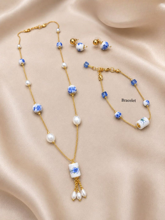 Ishhaara Blue Floral Ceramic Bead Necklace, Earring & Bracelet Set