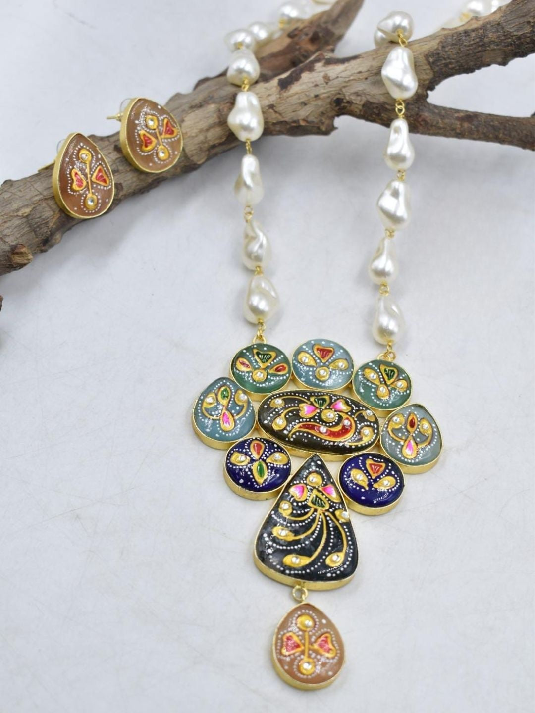 Ishhaara Blue Floral Meenakari Pendant Necklace Set - handcrafted Indian jewellery