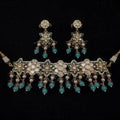 Ishhaara Blue Floral Pendant Kundan Choker Set With Pearl