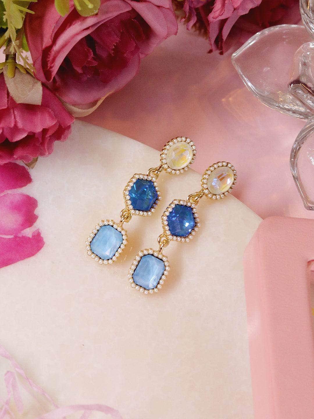 Ishhaara Geometric 3 Tiered Earrings Blue