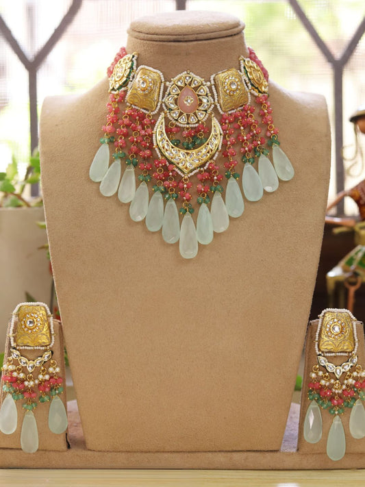 Ishhaara Blue Gold Finish Agate And Semi Precious Stone Meenakari Necklace Set