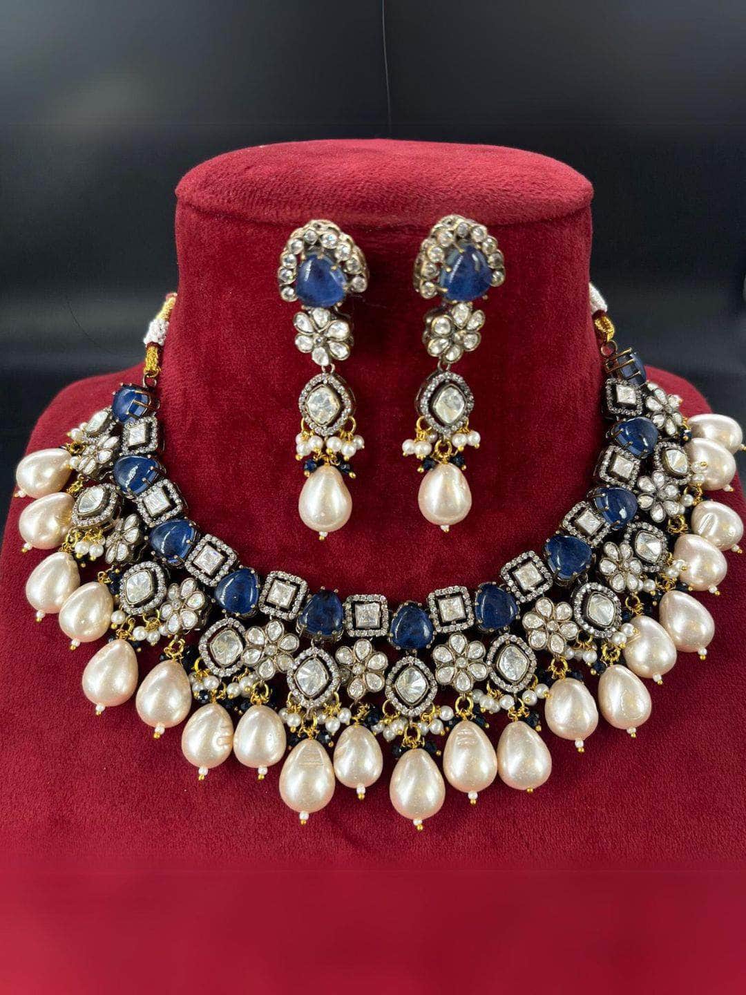 Ishhaara Blue Gold Finish Multi-Colored Kundan Necklace Set