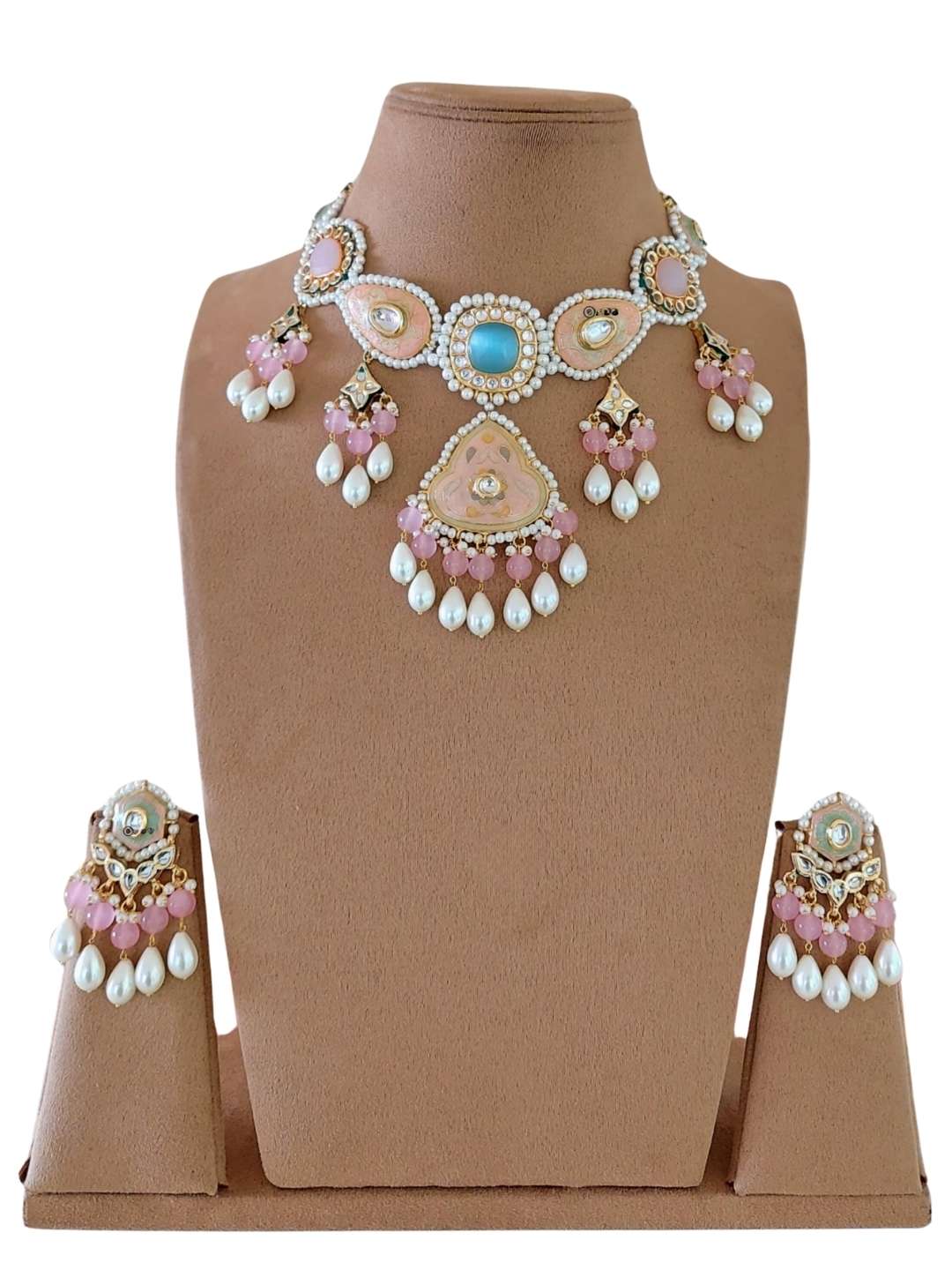 Ishhaara Blue Gold Finish Pearl Necklace Set With Kundan Polki