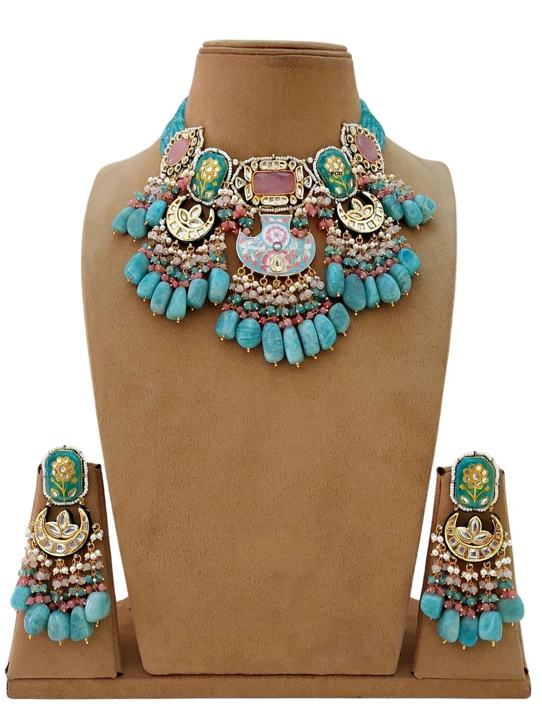 Ishhaara Light Blue Gold Finish Semiprecious Stone Meenakari Necklace Set