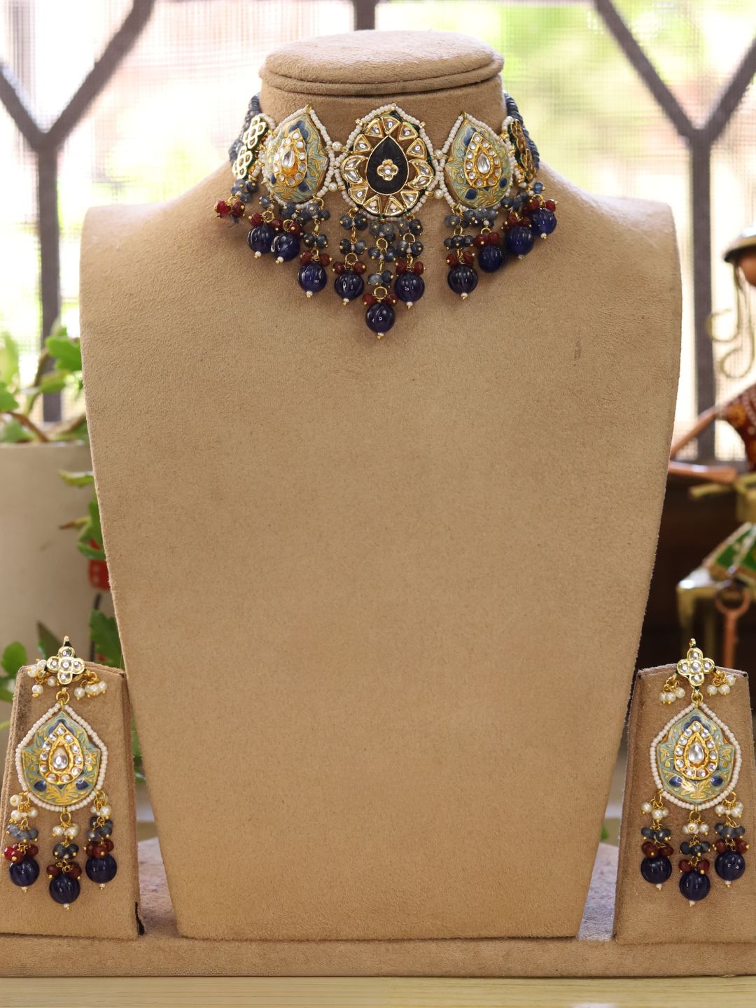 Ishhaara Red Gold Plated Pearl Beaded Stone Studded Necklace And Earrings Set