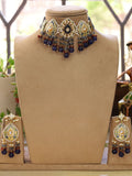 Ishhaara Blue Gold Plated Pearl Beaded Stone Studded Necklace And Earrings Set