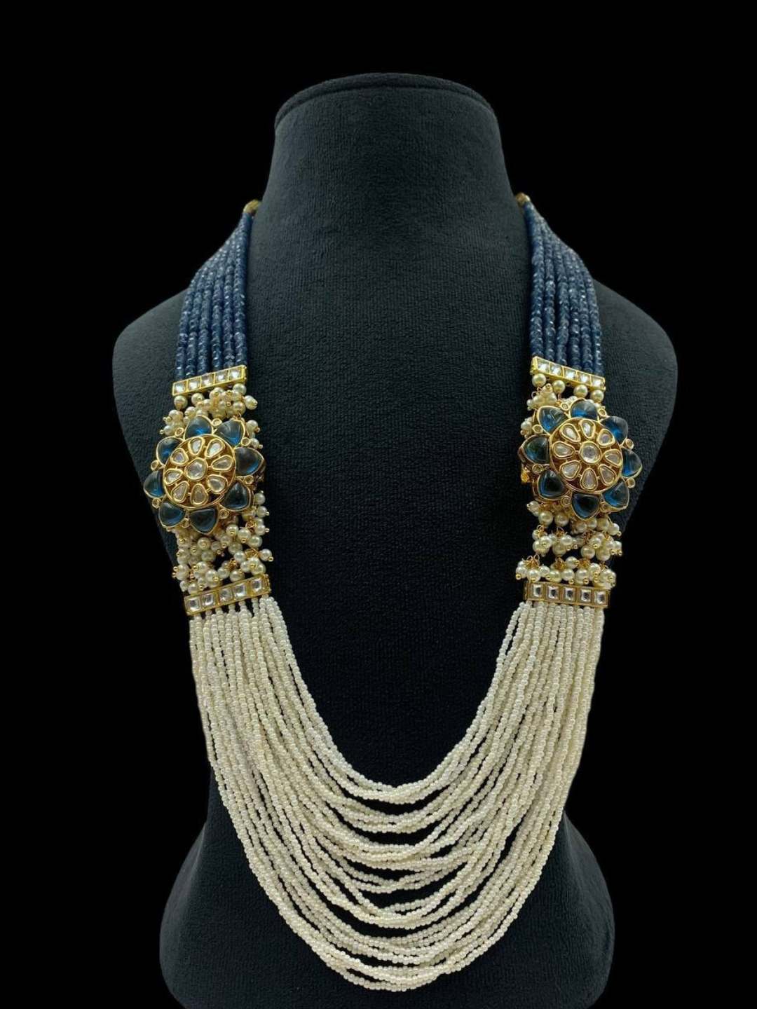 Ishhaara Blue Green Pearls Stones Kundan Embellished Layered Necklace Set