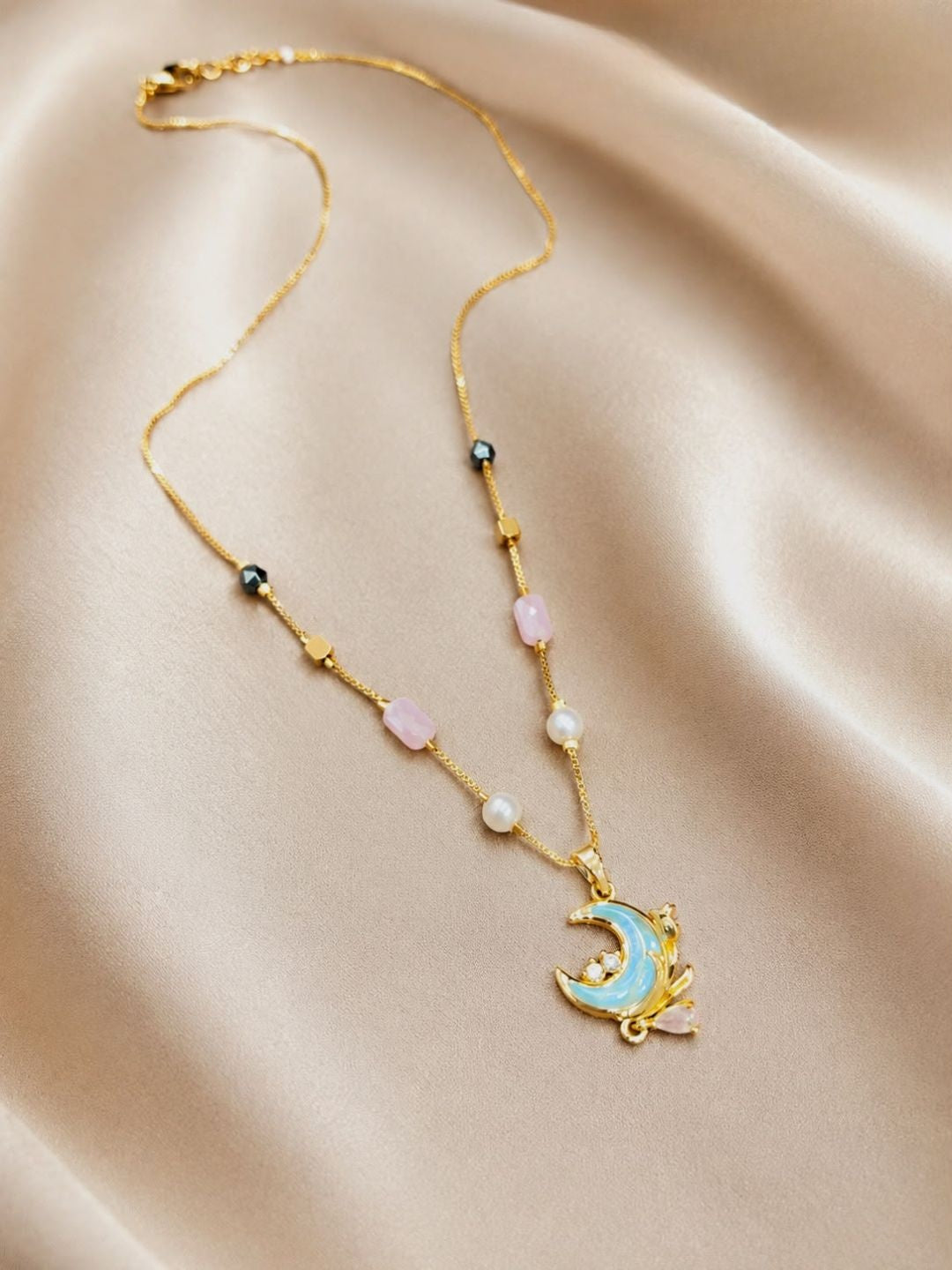 Ishhaara Blue-Grey Moon Pendant Beaded Necklace