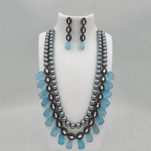 Ishhaara Blue Grey Pearls Long Beaded Necklace And Earring Set
