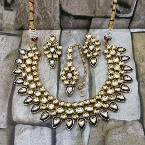 Ishhaara Inverted Drop Meena Outline Necklace And Earring Set