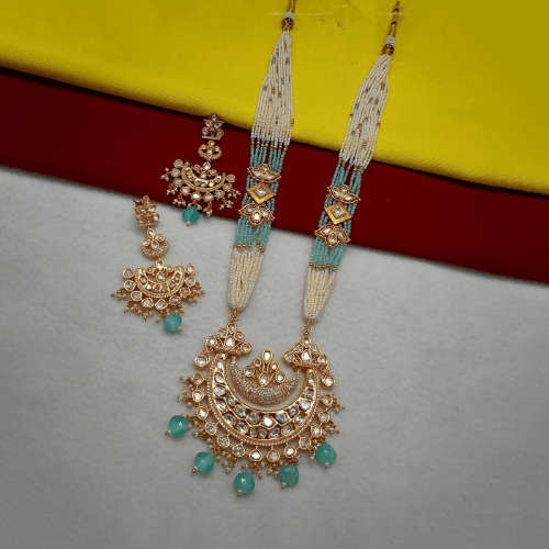 Ishhaara Blue Jadau Chand Motif Pendant Beaded Long Necklace Set