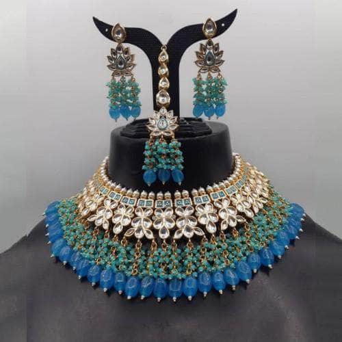 Ishhaara Blue Kundan Choker Coral Tassel Necklace Set