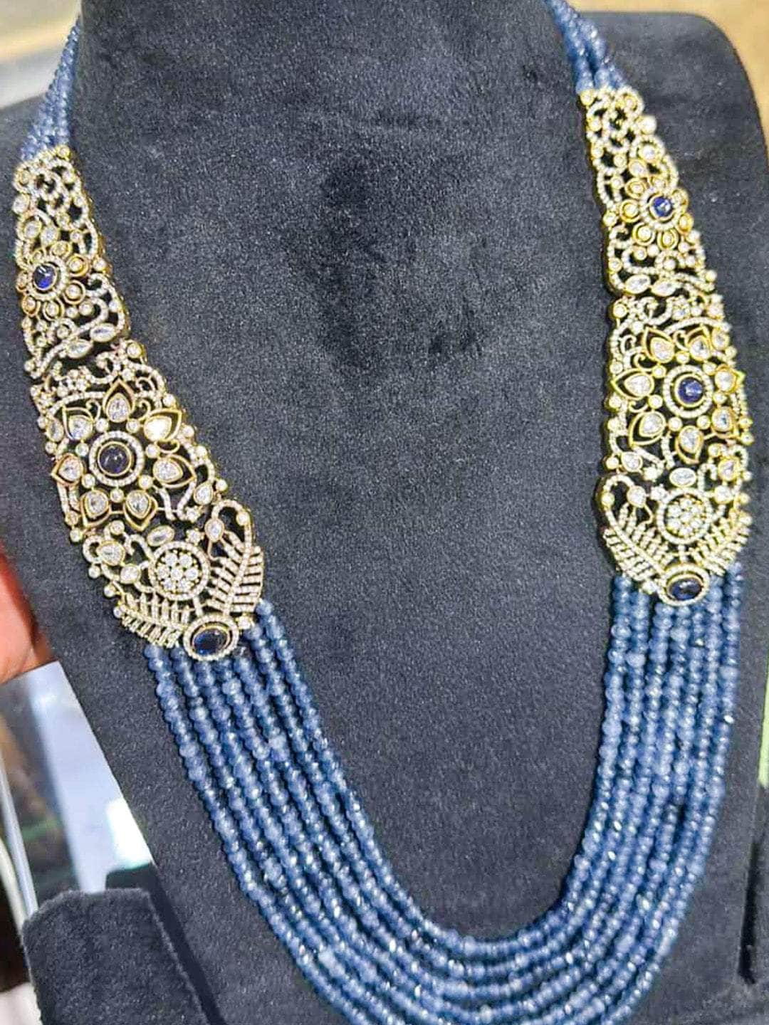 Ishhaara Blue Kundan Long Beeded Necklace Set