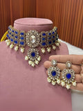 Ishhaara Blue Kundan Polki And Pearl Meenakari Choker Necklace Set