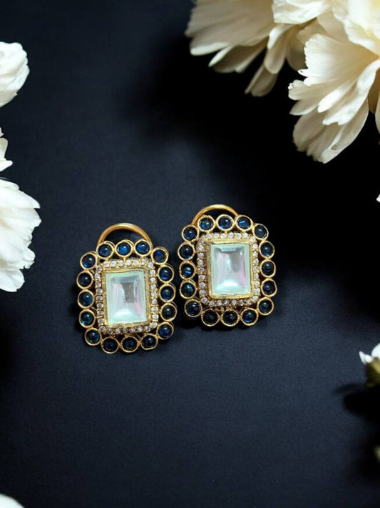 Ishhaara Blue Kundan Polki Square Stud Earings