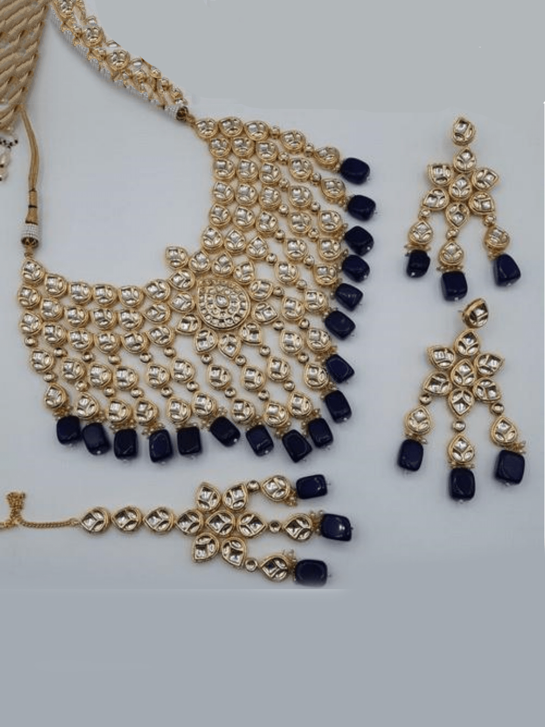Ishhaara Blue Layered Bridal Drop Tassel Necklace Set