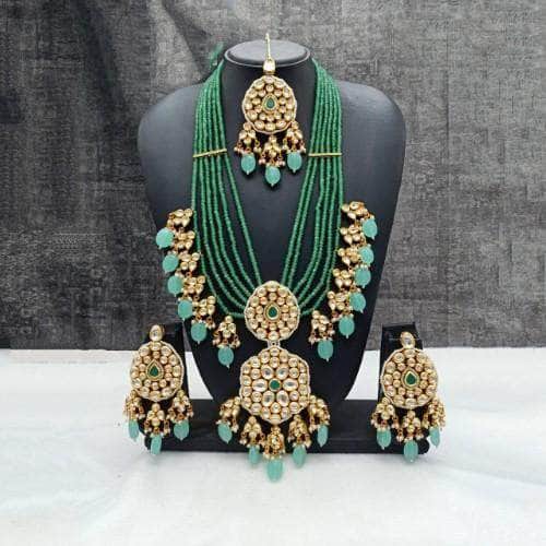 Ishhaara Blue Long Dual Pendant Necklace Earring And Teeka Set