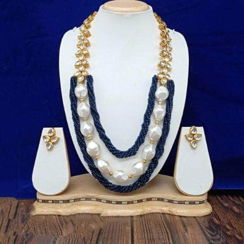 Ishhaara Black Long Twist Big Pearl Necklace And Earring Set