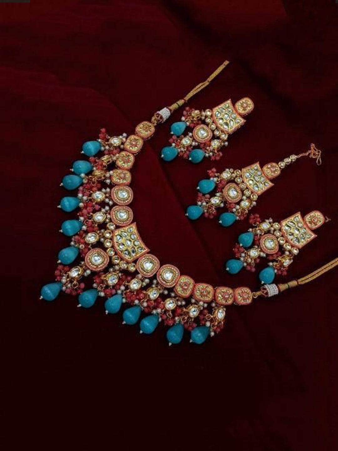 Ishhaara Blue Meena AD Jadau Kundan Necklace Earring And Teeka Set