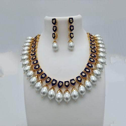 Ishhaara Blue Meena Drop Pearls Necklace And Earring Set