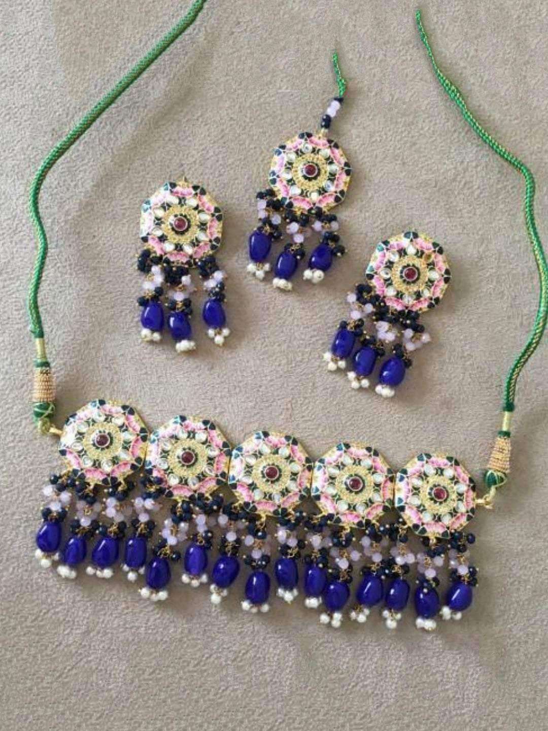 Ishhaara Meena Round Colored Choker Earring And Teeka Set