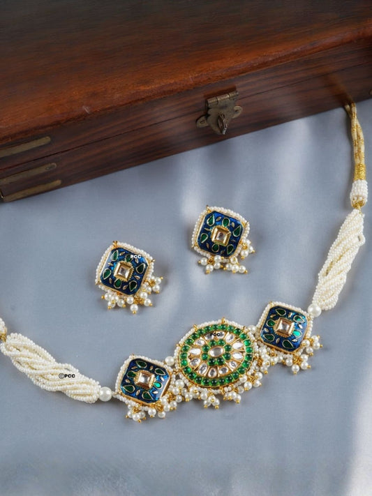 Ishhaara Blue Meenakari Kundan Necklace Set - handcrafted Indian jewellery