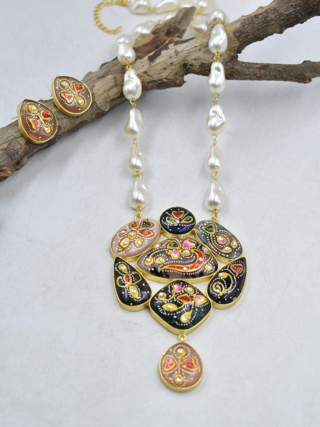 Ishhaara Blue Meenakari Painted Pendant Necklace Set - handcrafted Indian jewellery