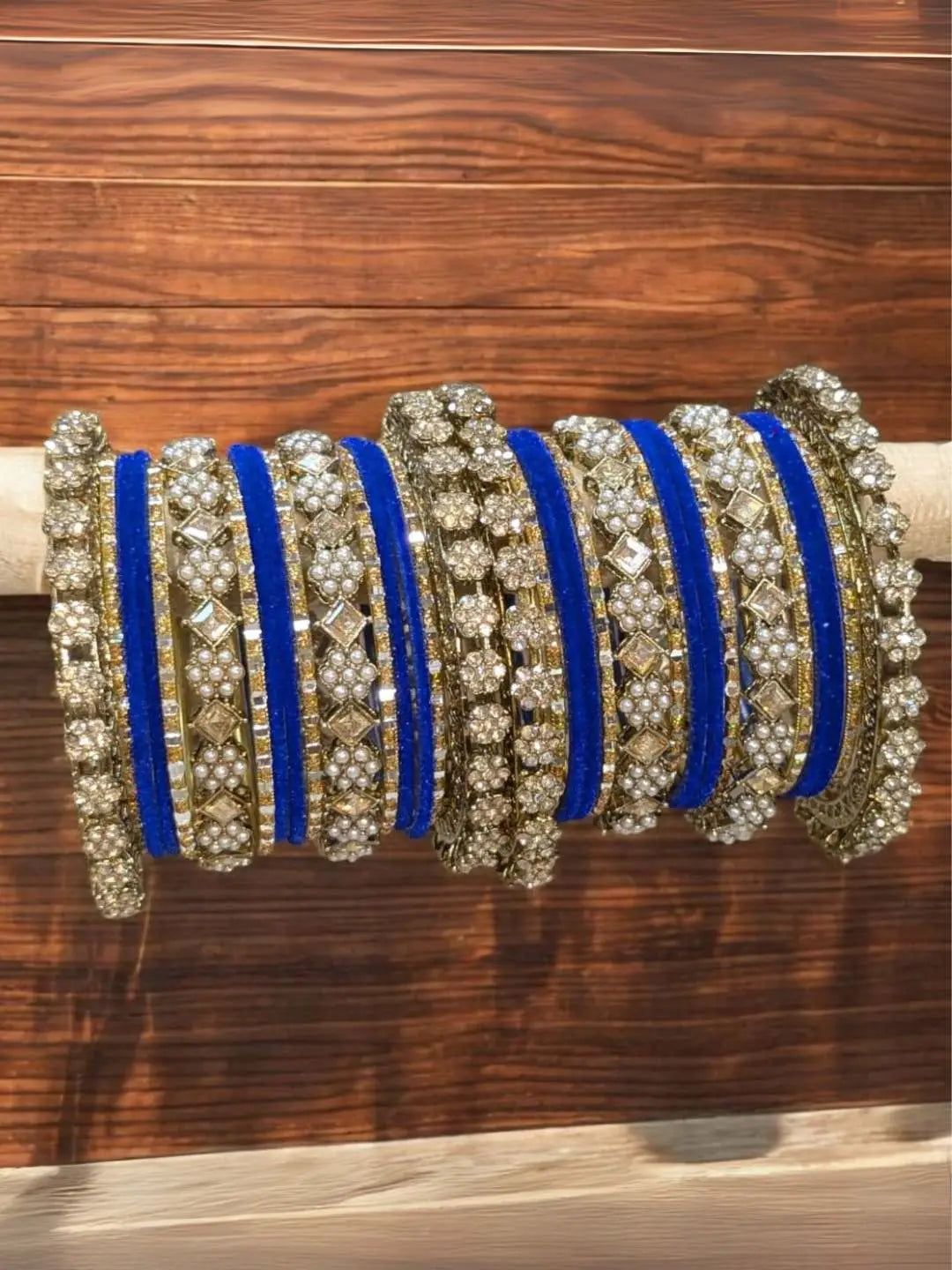 Ishhaara Blue Metal And Velvet Bangles With Mirror Work Bangles