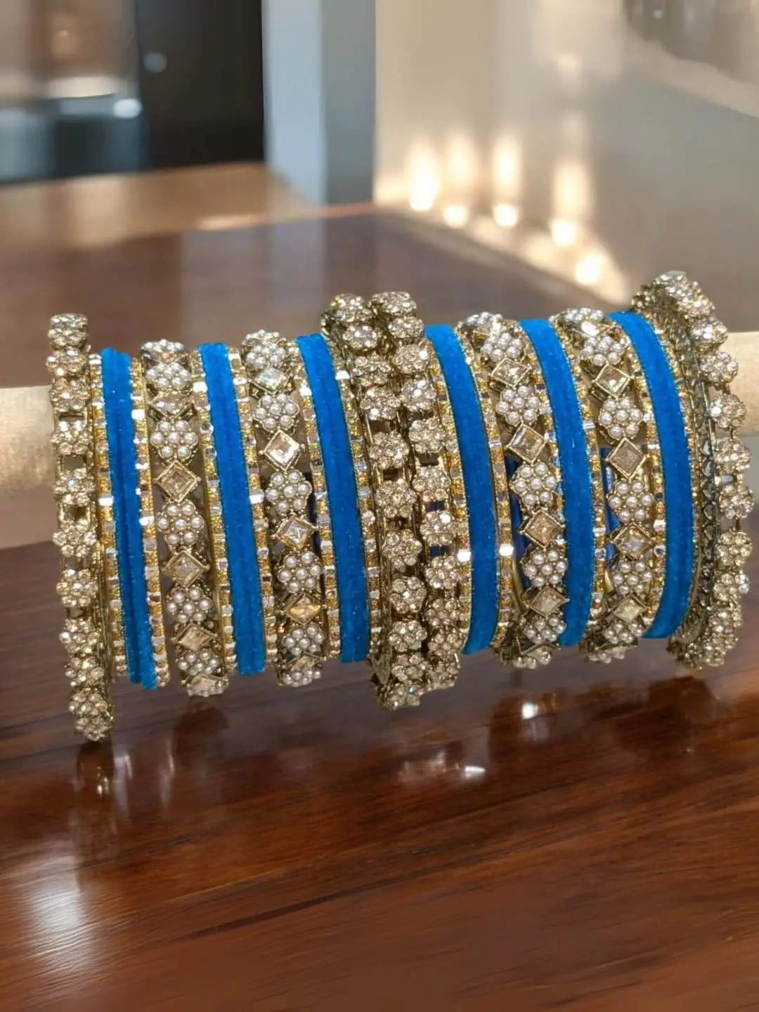 Ishhaara Blue Metal And Velvet Bangles With Mirror Work Bangles