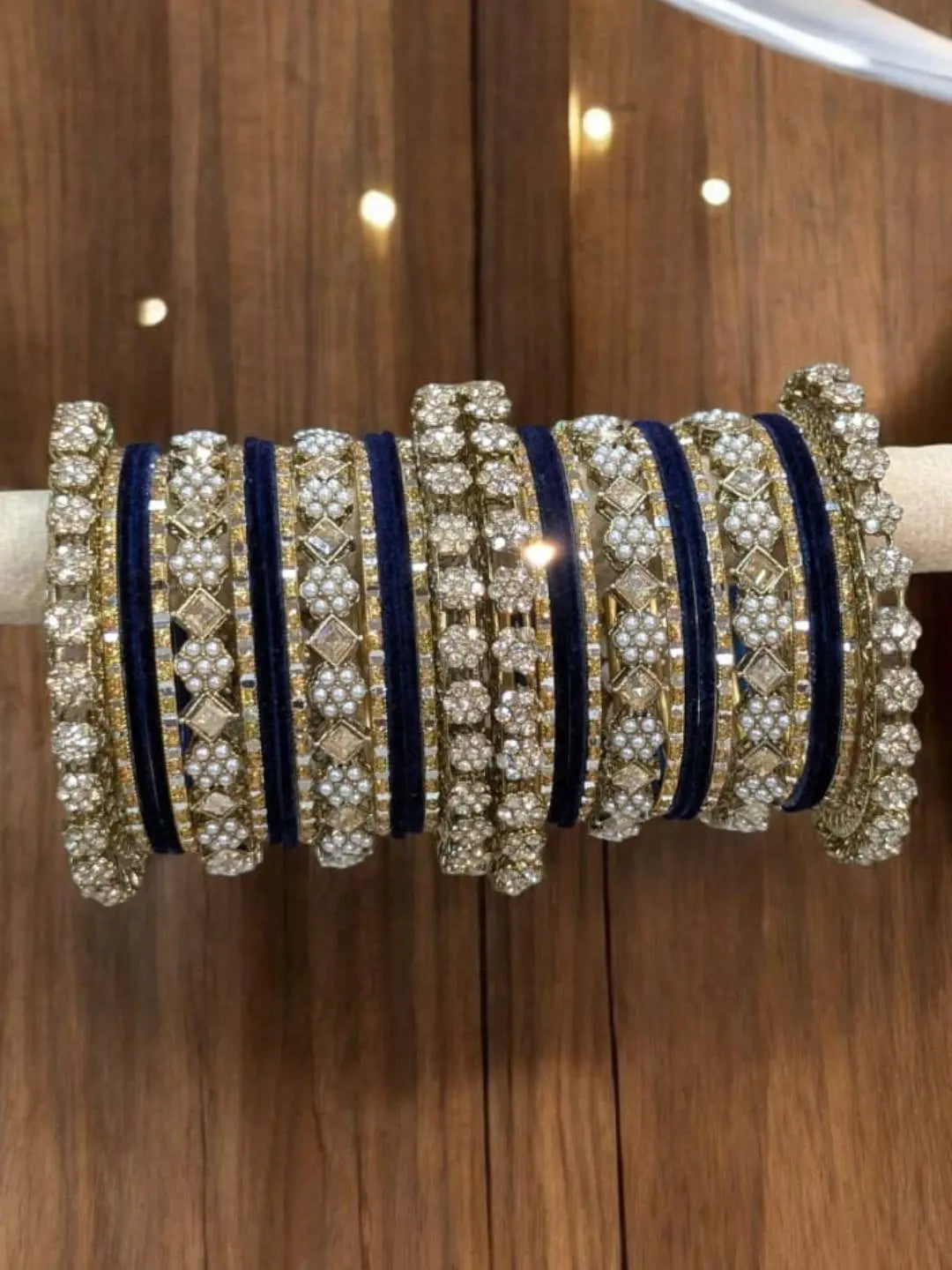 Ishhaara Blue Metal And Velvet Bangles With Mirror Work Bangles