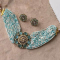 Ishhaara Blue Moti Colored Round Patch Choker And Earring Set