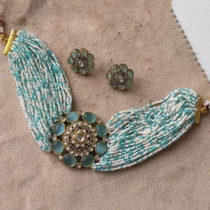 Ishhaara Moti Colored Round Patch Choker And Earring Set